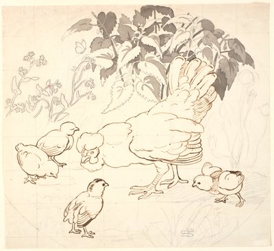 Gallina con sus pollitos en una composición circular de P.C. Skovgaard