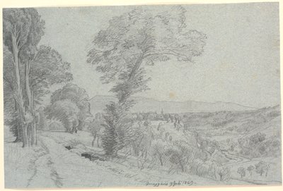 Paisaje montañoso italiano con vista hacia "Genazzano 9 de julio de 1869" de P.C. Skovgaard