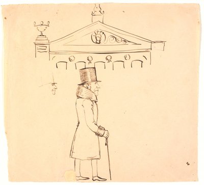 Caricatura de un caballero con pieles fuera del Casino de P.C. Skovgaard