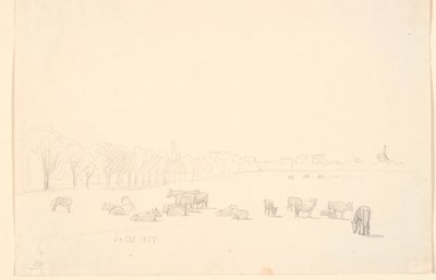 Vacas en el campo, con el molino de Tagens al fondo de P.C. Skovgaard