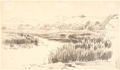 Paisaje con un arroyo a lo largo del cual crecen juncos altos. Colinas en el fondo. Probablemente Vejle de P.C. Skovgaard