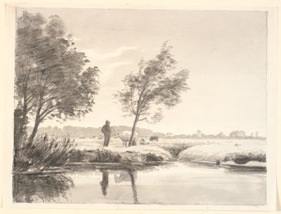 Paisaje con campos, árboles, vacas y un campesino reflejándose en el agua del primer plano de P.C. Skovgaard