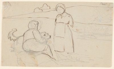 Niño sentado con perro y niña de pie en un paisaje de P.C. Skovgaard