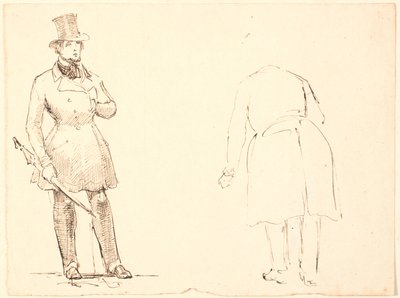 Hombre de pie con paraguas y a la derecha hombre inclinándose visto desde atrás de P.C. Skovgaard
