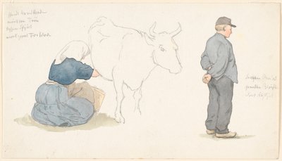 Hoja de estudio con niña ordeñando una vaca, campesino de pie a la derecha de P.C. Skovgaard