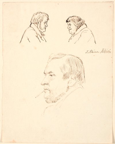 Dos cabezas de hombres caricaturizadas en perfil y un retrato de hombre en perfil hacia la izquierda. de P.C. Skovgaard