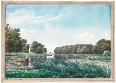 Paisaje arbolado con un lago y tres niños pescando de P.C. Skovgaard