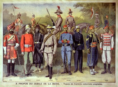Ejércitos coloniales ingleses en sus respectivos uniformes en celebración del Jubileo de la Reina Victoria, 21 de junio de 1883, ilustración de 