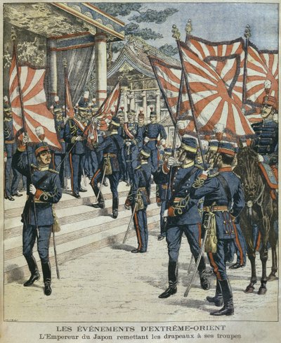 Su Majestad Imperial Mutsuhito, Emperador de Japón, entregando las banderas a sus tropas, ilustración de 