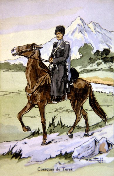 Postal que representa a un cosaco del Terek, c.1914 de P. (after) Dmitroff