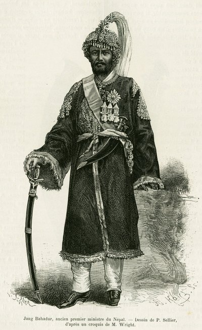 Jang Bahadur (1816-1877), Primer Ministro de Nepal. Grabado por P. Sellier para ilustrar la historia 