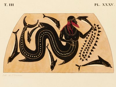Impresión de la decoración en una ánfora griega, mostrando a Poseidón acompañado de delfines, c. 1858 de P. Bineteau