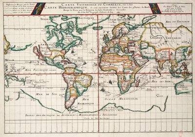 Carta que traza las rutas desde Francia y España, de los viajes de ida y vuelta a las Indias Occidentales y Orientales, con ramificaciones para los diferentes destinos. de P. Du Val