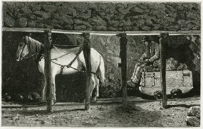 Interior de una galería con berlaine. Grabado por Ferat, para ilustrar la historia "Bélgica", por Camille Lemonnier (1844-1913) escritor belga. Publicado en Le Tour du monde, nouveau journal des voyages, 2º semestre 1884, editado por Edouard Charton de P. Ferat