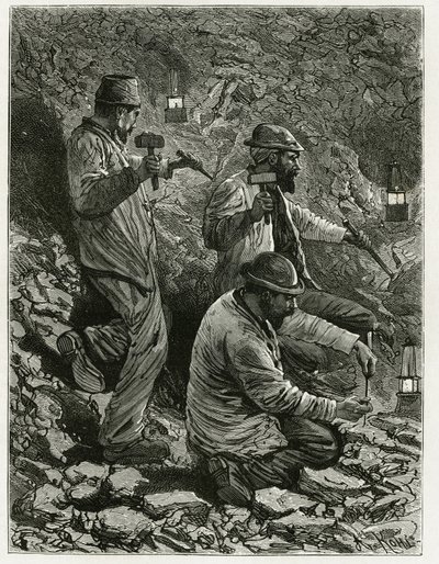 Mineros extrayendo carbón en la veta. Grabado por Ferat, para ilustrar la historia "Bélgica", por Camille Lemonnier (1844-1913) escritor belga. Publicado en Le Tour du monde, nuevo diario de viajes, 2º semestre 1884, editado por Edouard Charton (1807-1890) de P. Ferat