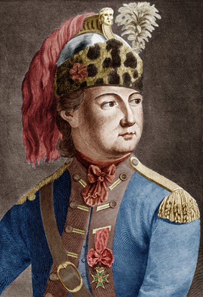 Caballero de Eon (1728-1810), agente secreto francés del rey, solía travestirse, documento grabado coloreado de P. Jean Baptiste Bradel