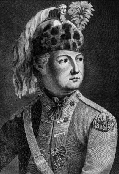 Caballero de Eon (1728-1810), agente secreto francés del rey, solía travestirse, grabado de P. Jean Baptiste Bradel