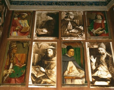 El estudio de Federigo da Montefeltro, Duque de Urbino, en el sentido de las agujas del reloj desde TL: Euclides de Megara, filósofo griego (450-374 a.C.); Vittorino da Feltre, educador italiano (1378-1446); Solón, legislador ateniense de P. Joos van Gent and Berruguete