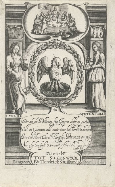 Pelícano alimentando a sus crías con su propia sangre Portada para: D. van Baardt, Tapiz del dominio espiritual y mundano, 1661 de P. Langweer