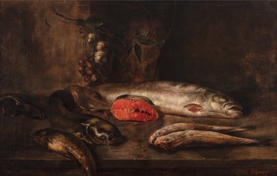 Bodegón de pescado con una carpa, un siluro, un salmón, una anguila y un lenguado sobre una mesa con ajos y chalotas colgando, pescado muerto, c.1775-1800 (óleo sobre lienzo) de P. Romney