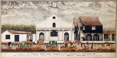 Vista sur de la Casa de la Misión Wesleyana, Colombo en la Isla de Ceilán, erigida Anno Domini 1816, c.1816 (acuarela) de P. van Houten