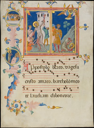 Hoja de manuscrito con el martirio de San Bartolomé, de un Laudario de Pacino di Bonaguida
