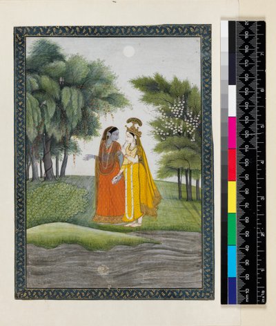 Krishna y Radha caminando junto al Jumna a la luz de la luna habiendo intercambiado ropa, del 