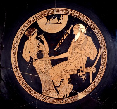 Copa Ilioupersis: copa con figuras rojas representando a Briseida y el viejo Fénix de Painter Brygos