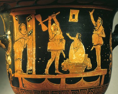 Crátera de Apulia con escena de teatro, caricatura del nacimiento de Helena en huevo, atribuida al pintor de Dijon, cerámica de figuras rojas, Detalle, de Bari, Apulia, Italia, Antigua civilización griega, Magna Grecia, Siglo IV a.C. de Painter Dijon