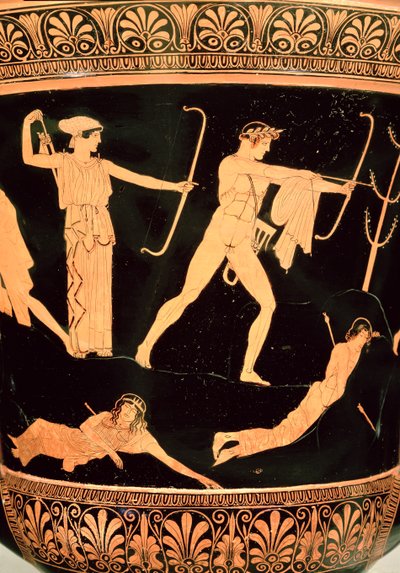 La muerte de los niobíes, detalle de un cáliz-krater ático de figura roja, c.450 a.C. (cerámica) (detalle de 19106, véase también 92576) de Painter Niobid