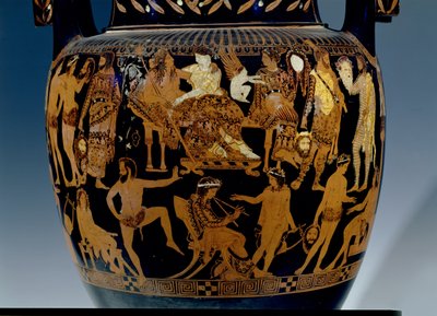 Cratera de volutas de figuras rojas áticas, detalle de escena de actores y músicos preparándose para una actuación ante Baco y Ariadna, griego, de Ruvo, siglo V a.C. de Painter Pronomos