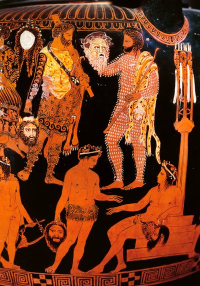Crátera de volutas de figuras rojas con un actor sosteniendo su máscara, de Ruvo, c.410 a.C. de Painter Pronomos