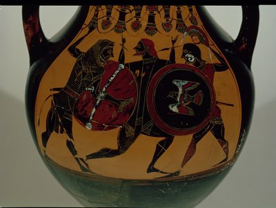 Ánfora de figuras negras áticas decorada con una escena de Heracles vestido con una piel de león luchando contra Cycnus, c.540 a.C. (cerámica) de Painter of Berlin