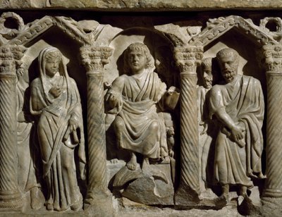 Sarcófago cristiano temprano también conocido como Sarcófago del Beato Giles, mármol, Oratorio de San Bernardino, Perugia, Umbría, detalle, Italia, siglo IV de Paleo Christian