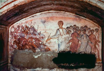 Arte paleocristiano (periodo de la antigua Roma): Paso del Mar Rojo. Fresco de la Catacumba de Via Latina en Roma. Siglo IV de Paleo Christian
