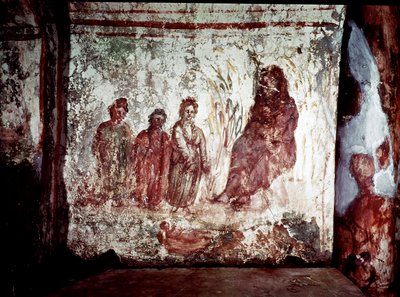 Arte paleocristiano: Moisés rescatado de las aguas del Nilo por la hija del faraón. Fresco de la Catacumba de Via Latina en Roma. Siglo IV de Paleo Christian