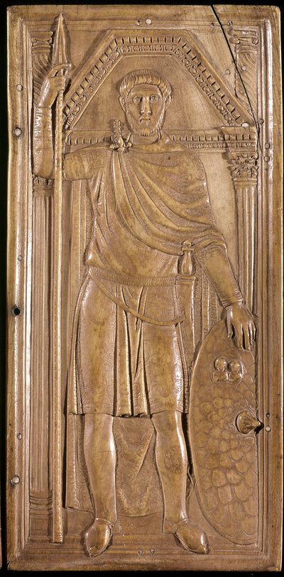 Estilicón en armas, general, patricio y cónsul del Imperio Romano Occidental. Panel derecho del díptico de Estilicón de Paleo Christian