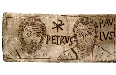Sarcófago que representa a los apóstoles Pedro y Pablo, civilización cristiana primitiva de Paleo Christian Paleo Christian