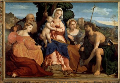 Virgen con niño con Santa Catalina y San Celestino (izquierda) y Juan el Bautista y Bárbara (derecha) de Palma Il Giovane