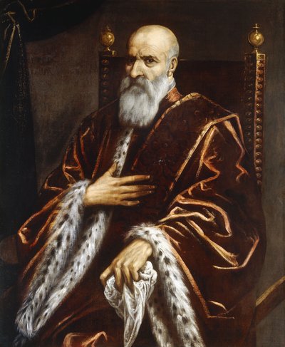 Retrato de un senador veneciano, sentado de tres cuartos de longitud, con una capa de terciopelo rojo de Palma Il Giovane