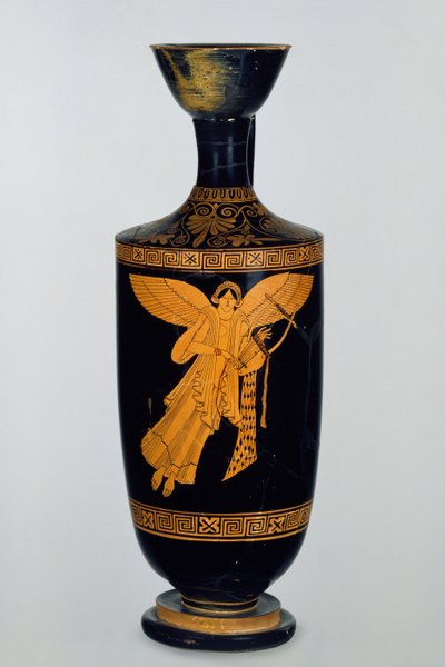 Lekythos de figuras rojas áticas decorada con una figura alada de Nike, encontrada en Gela, c.490-80 a.C. (cerámica) de Pan Painter