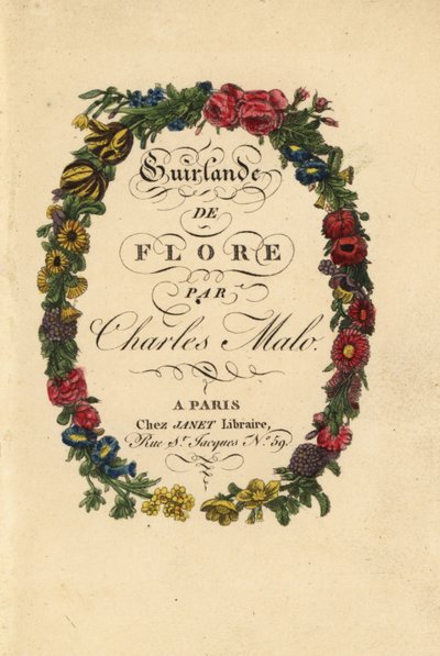 Página de título caligráfico dentro de una corona floral de rosas, tulipanes y otras flores de Pancrace (after) Bessa