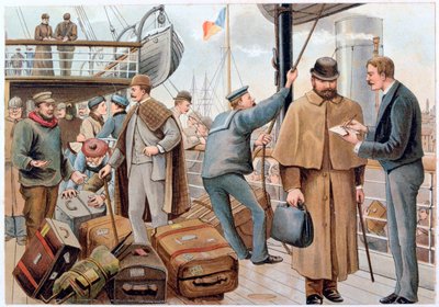 Pasajeros abordando un transatlántico de P&O en el Támesis de PandO Pencillings