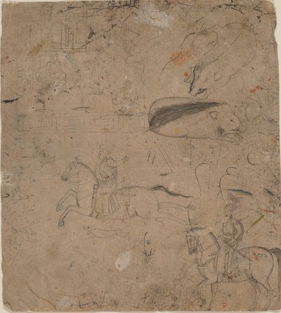 Página de un cuaderno de bocetos que muestra gobernantes a caballo, jabalíes y una escena de palacio, finales del siglo XVIII de Pandit Seu