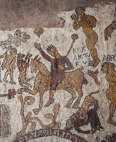 Representación del Rey Arturo y Perceval. Mosaico de Pantaleone, sacerdote y mosaico. 1163-1166. Nave central de la Catedral de Otranto, Italia de Pantaleon Pantaleon