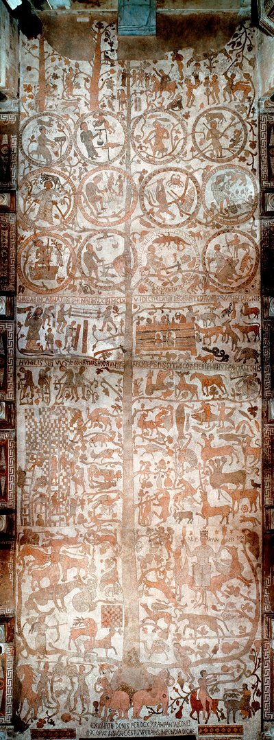 La creación del mundo, Adán y Eva, escenas bíblicas y signos del zodiaco. Vista de la totalidad de los mosaicos de Pantaleone, sacerdote mosaista (siglo XII) que cubren el pavimento de la nave de la catedral de Otranto, Italia de Pantaleon Pantaleon