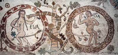 La tentación de Adán y Eva. Mosaico de Pantaleone, sacerdote y mosaista. 1163-1166. Nave central de la catedral de Otranto, Italia de Pantaleon Pantaleon