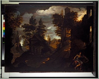 Una ninfa y un sátiro junto a un edificio en ruinas en un paisaje boscoso y rocoso de Paolo (1540 96) Fiammingo