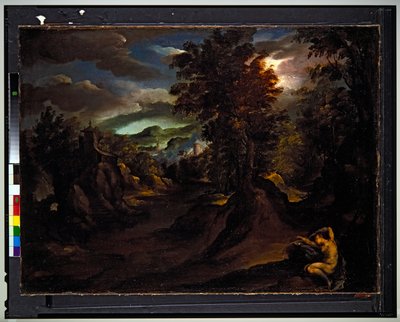 Un paisaje montañoso boscoso con Antiope dormida de Paolo (1540 96) Fiammingo