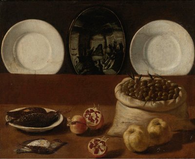 Naturaleza muerta con platos, saco de aceitunas, caza, granadas y membrillo de Paolo Antonio Barbieri
